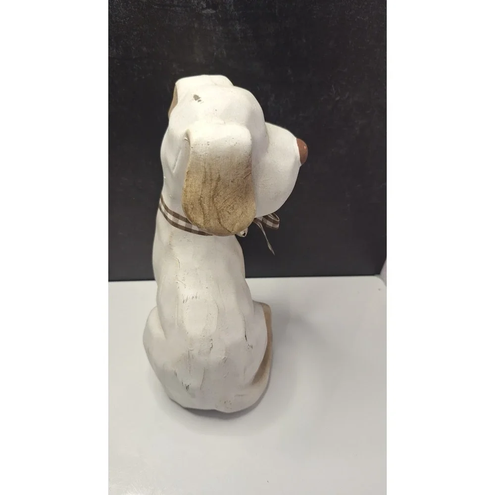 Wood Decorative Dog Figurine with Checkered Ribbon Bow